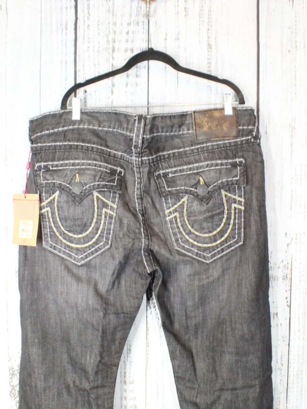 True Religion Ricky Super T Black Grey Jeans Size 42 White Yellow Stitch NWT